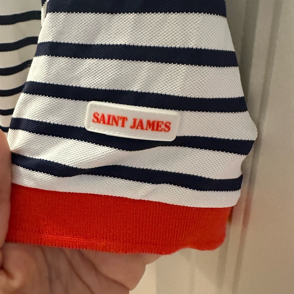 Saint James Navy and White Striped Top with Orange Neckline - Picture 3 of 9